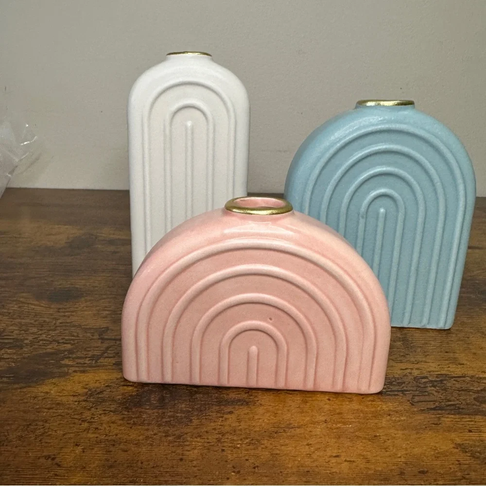 Set of3 Target Bullseye Playground Arch Vases Ceramic Rainbow Bud Vases Boho MCM
